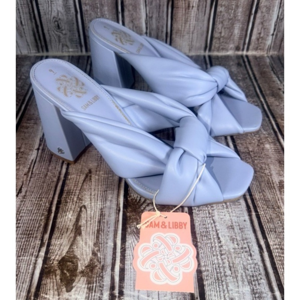 Sam & Libby Womens Size 9 Blue Knot Slide Heels Block Heel Sandals NEW